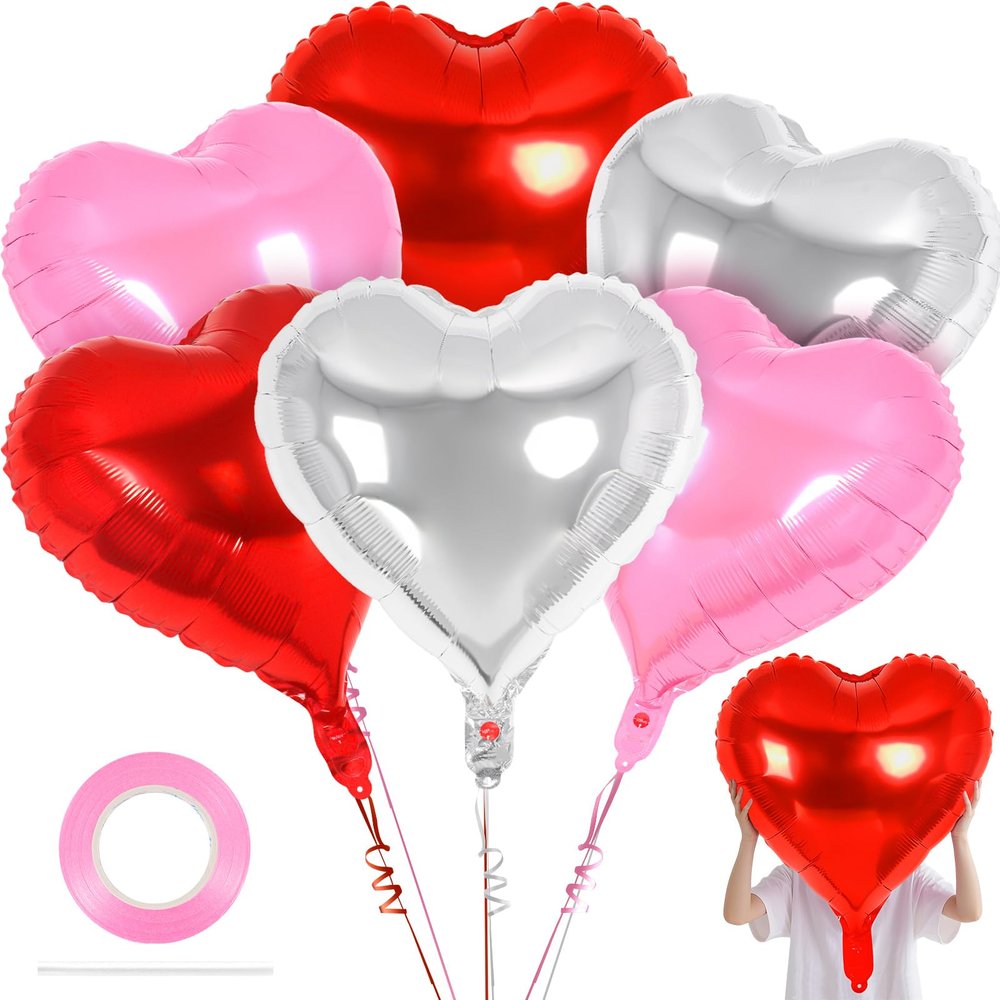 6 Pcs 32 Inch Red Pink Silver Heart Balloons, Giant Heart Shape Foil Balloons Love Balloon Valentine Balloon for Birthday Party Wedding Engagement Party Baby Shower Valentine Day Decorations