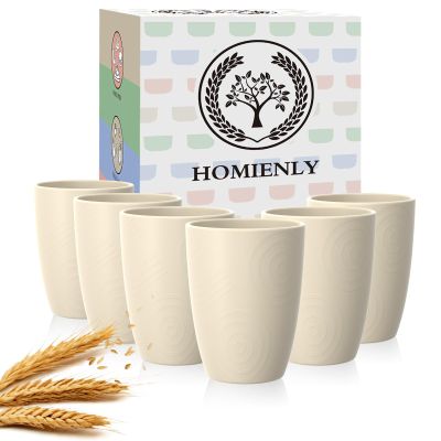 Homienly Plastic Cups Alternative 12oz - Wheat Straw Cups Set of 6 Reusable & Unbreakable Drinking Glasses Dishwasher & Microwave Safe Cups for Everyday Use-Beige