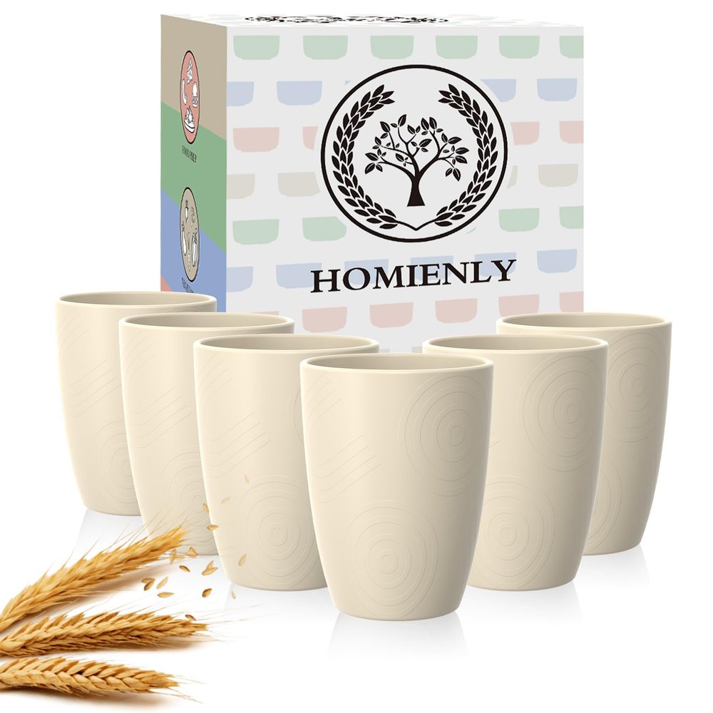 Homienly Plastic Cups Alternative 12oz - Wheat Straw Cups Set of 6 Reusable & Unbreakable Drinking Glasses Dishwasher & Microwave Safe Cups for Everyday Use-Beige