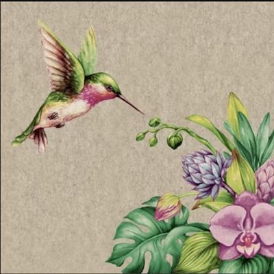 Set of 2 Individual Decoupage Paper Party Napkins Mixed Media FLOWERS HUMMINGBIRD Decor Luncheon Beverage Christmas Series Napkin for a Birthday, Holiday, Wedding, Cocktail Party