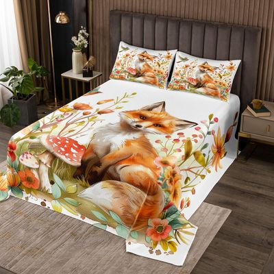 Homewish Orange Fox Quilt Set for Kids Teens,Red Mushroom Bedspread Coverlet,Botanical Leaf Bed Cover Watercolor Fox Bedding Set Decorative Quilted 2 Piece Coverlet with 1 Pillow Sham,Twin Size