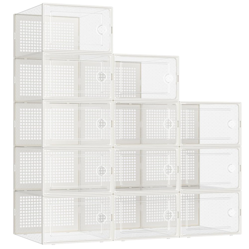 Kuject 12 Pack Large Shoe Boxes, Clear Stackable Containers with Lids,White