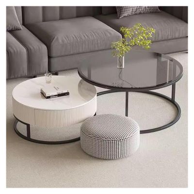 Modern Wood Ottoman Coffee Table with Storage Stand Center Tables for Living Room, Round Nesting Set of 2 with Embossed Design for Living Room Balcony and Office Metal Frame Easy Assembly Svart Large