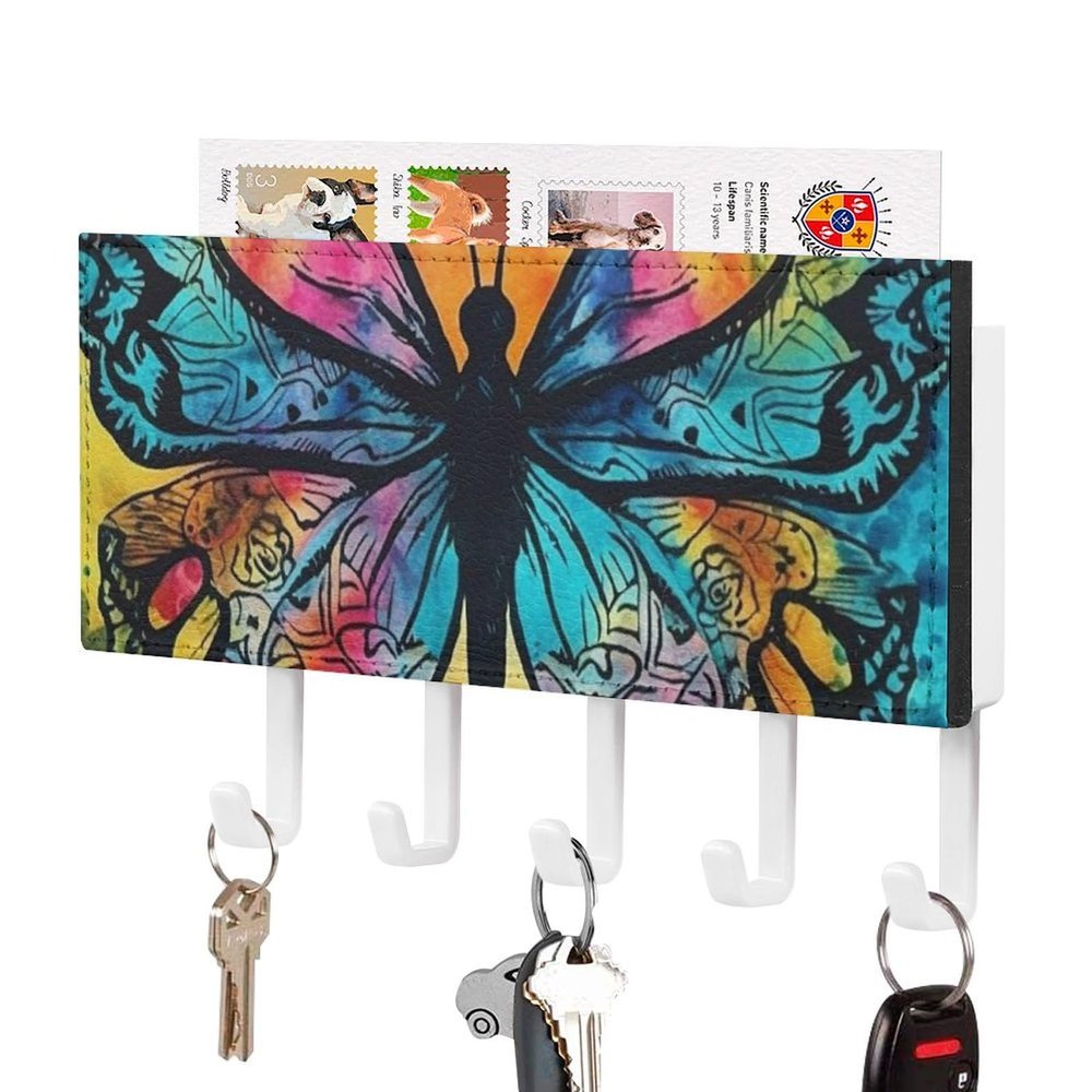 GHBNK Butterfly Tie Dye Key Holder for Wall Decorative, Wall Mounted Key Rack with 5 Hooks, Keys Hanger Organizer, Novelty Cute Home Decorations for Entryway Hallway Office Home Decor