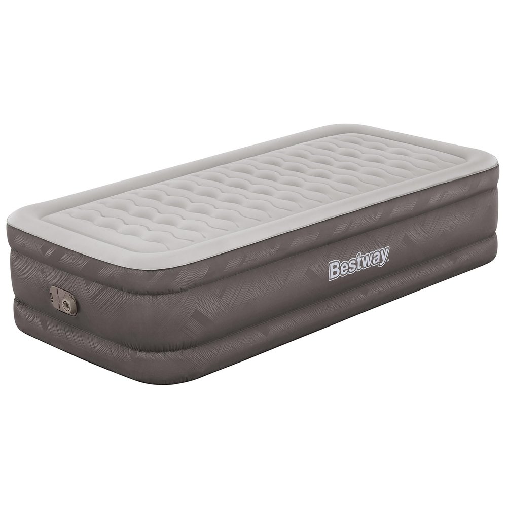 Bestway: Tough Guard 18" Air Mattress - Twin - Built-in A/C Pump, Inflatable Indoor Airbed, Wave Beam Construction, Storage Carry Bag, Luxe Surface