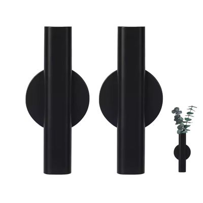 7-Inch Adhesive Wall Flower Tube,Metal Floral Holder Hanging Decoration Sticky Vase,Minimalist Wall-Mounted Open Vase for Flower Display (Black, Large)