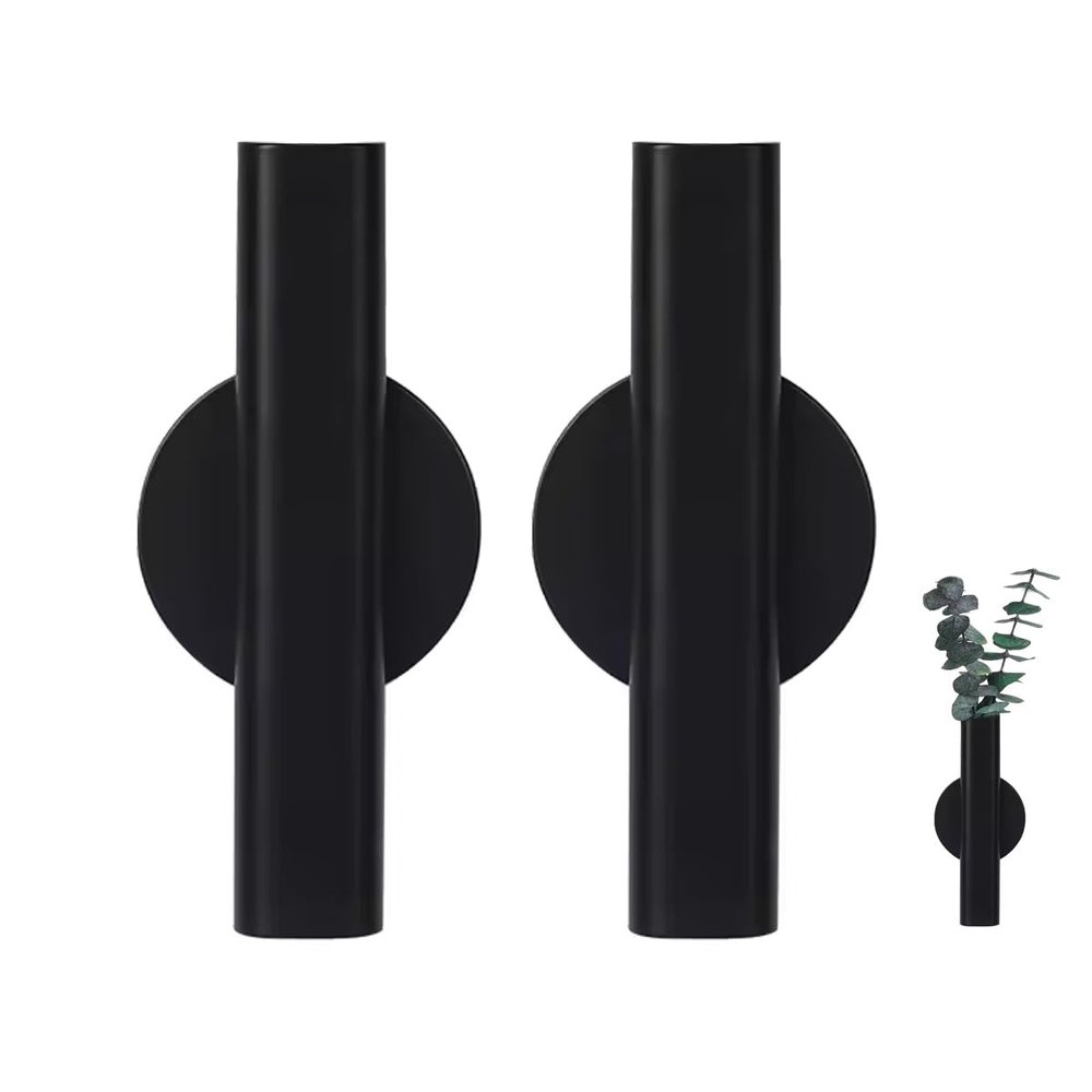 7-Inch Adhesive Wall Flower Tube,Metal Floral Holder Hanging Decoration Sticky Vase,Minimalist Wall-Mounted Open Vase for Flower Display (Black, Large)