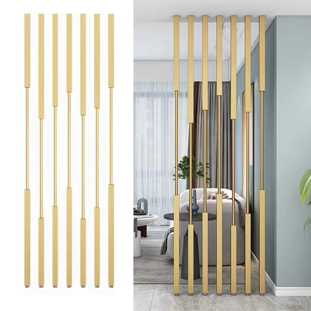7 Pack Room Divider Partition Post Metal Slats Modern Luxury Partitions Screens Post Floor to Ceiling Privacy Screens Columnar with Adjustable feet for Home(Gold,90cm/35.4in/2.95ft)