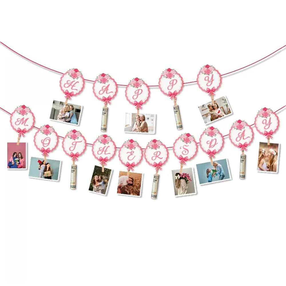 Happy Mother's Day Decorative Banner with Clips - Photo/Money/Card Hanging Banner for Party Wall Decor