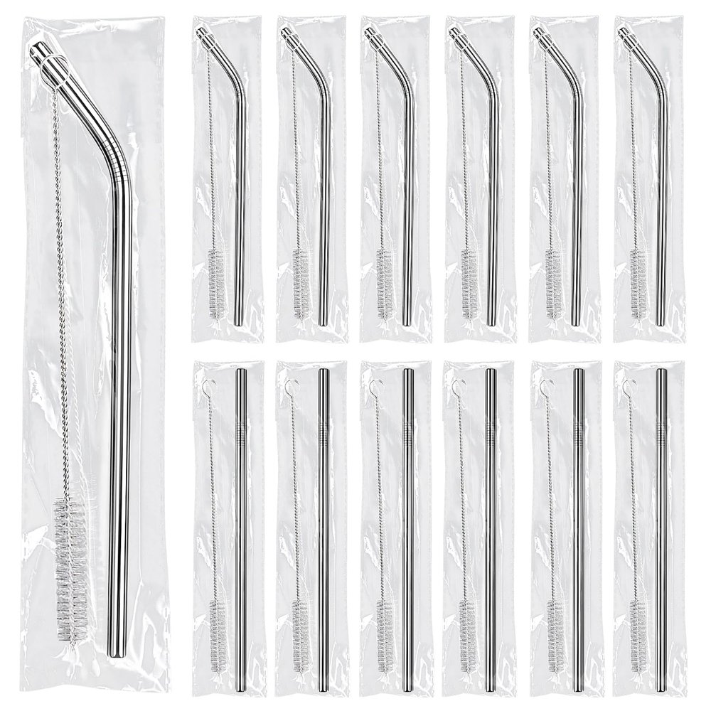 16 Pack 8.5 Inch Reusable Stainless Steel Straws Individually Wrapped,8 Bent + 8 Straight + 16 Cleaning Brushes,Cold Drinking Stainless Steel Straws