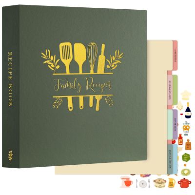 Lanpn Recipe Binder 8.5x11 3 Ring Kit, Waterproof Recipe Book to Write in Your Own Recipes, Blank Organizer Recipe Binder with 60 Plastic Sleeves,116 Recipes, Dividers,Labels & Stickers, Green