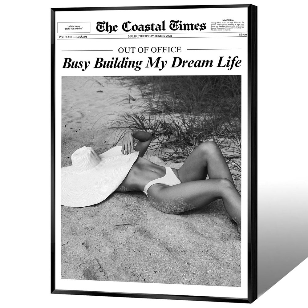 BFADMN Retro Black And White Woman Times Newspaper Canvas Wall Art Trendy Girl Boss Inspirational Quotes Prints Busy Building My Dream Life Poster Hot Girl Wall Decor For Bar Dorm 12x16in Framed