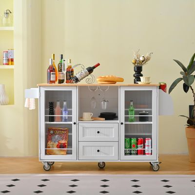 Finca ancha Rolling Kitchen Island on Wheels, Farmhouse Style Muebles para Cocina with Drop Leaf Countertop, Storage Cabinet, Power Supply, and Tempered Glass Doors, 53'' Kitchen Island Cart (White)