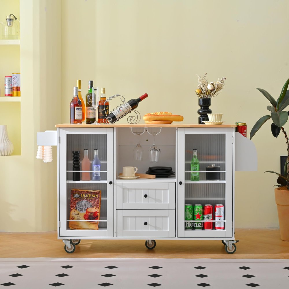 Finca ancha Rolling Kitchen Island on Wheels, Farmhouse Style Muebles para Cocina with Drop Leaf Countertop, Storage Cabinet, Power Supply, and Tempered Glass Doors, 53'' Kitchen Island Cart (White)