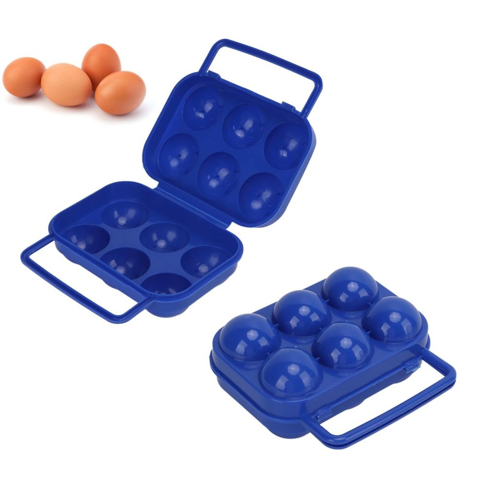 2PCS Egg Holder, 6 Grids Handheld Egg Carrier Large Capacity Plastic Food Organizer Box with Handle for Camping Hiking (Blue)
