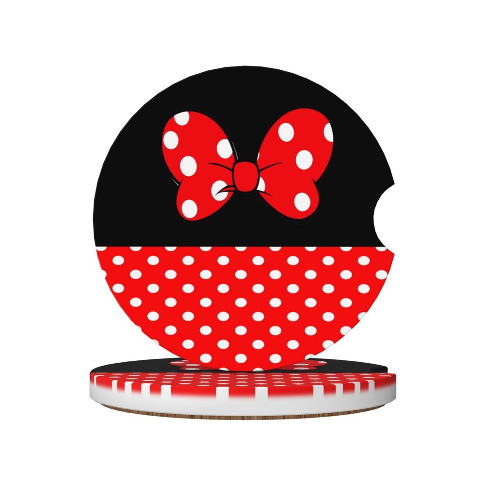 2 Pack Black Polka Dot Red Bow Ceramic Car Cup Holder Coaster Set,Cute Non-Slip Absorbent Car Drink Coaster for SUV Truck Travel,2.6 inch,Round