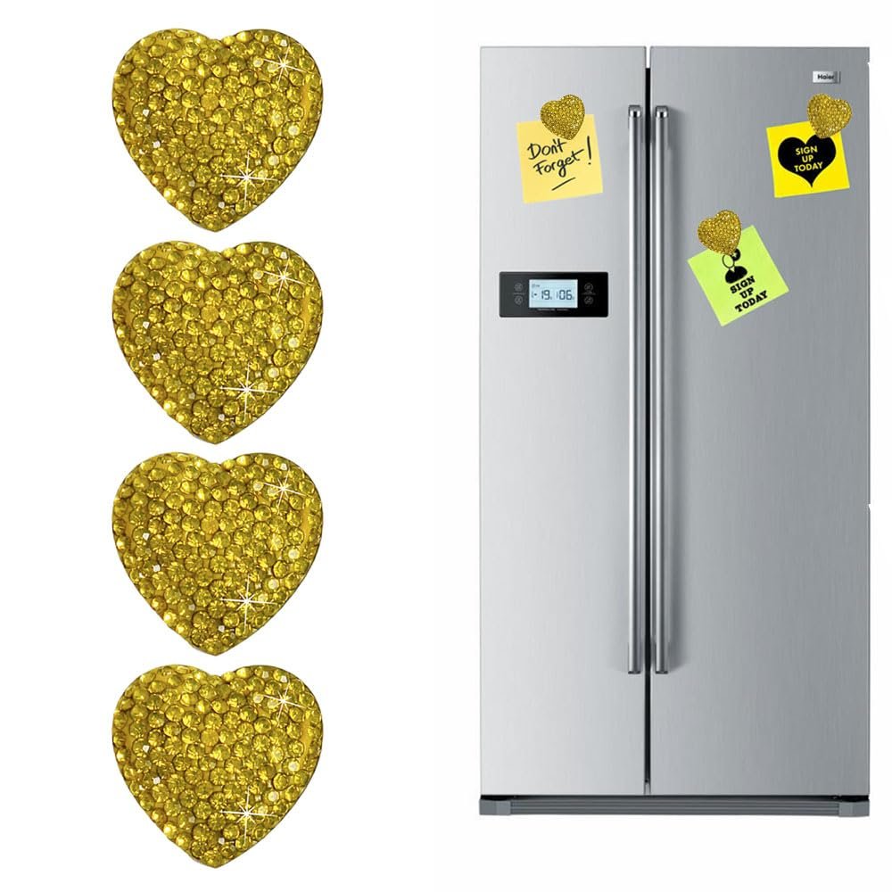 4Pcs Bling Diamond Heart Sparkling Refrigerator Magnet Sparkling Rhinestones Crystals, Cute Love for Kitchen Fridge, Locker, Home Decor Cool Office Decorative Novelty (Yellow)
