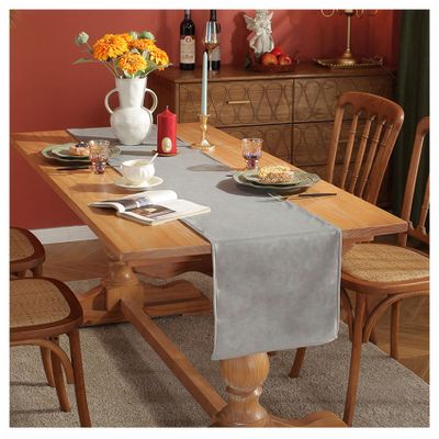 Velvet Table Runner, Solid Color Rustic Farmhouse Long Tablecloth, Washable Rectangle Dresser Scarves for Home Kitchen Dining Coffee Table Decoration (Light Grey,140cm/55.1'')