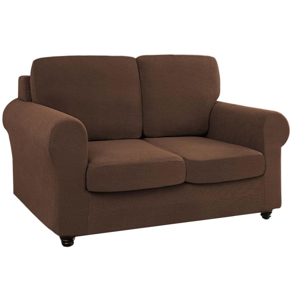 5 Piece Stretch couch cover for 2 Cushion Couch Loveseat Cover, washable Sofa cover for 2 Backrest And Seat Non Slip Sofa Slipcover Furniture Protector with Elastic Bottom-Light coffee-Medium