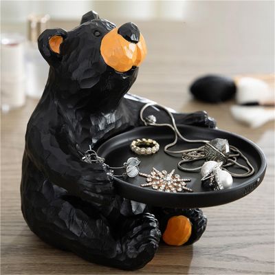 Cute Bear Statue with Tray, Black Bear Figurine Animal Sculpture Table Decoration for Home Office, Key Tray for Entryway Table