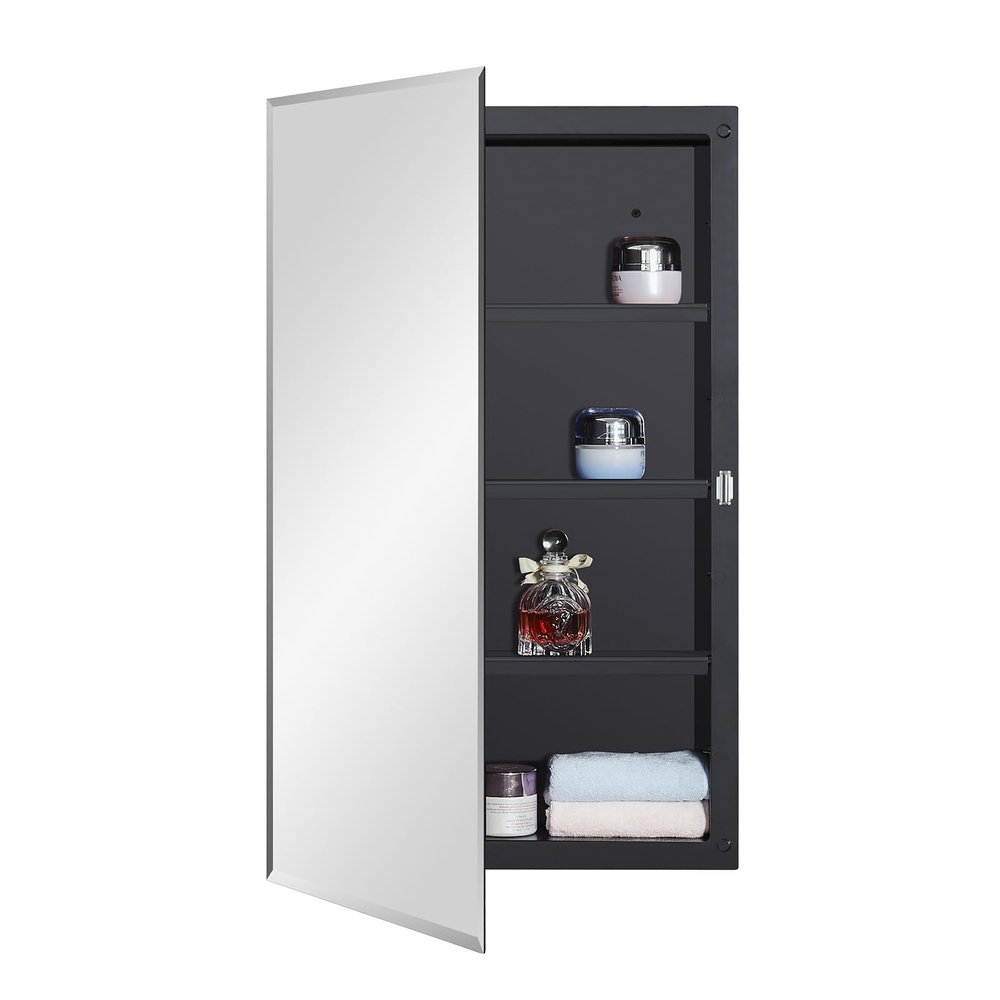 DYLLOR Black Plastic Medicine Mirror Cabinet for Bathroom with 16 x 26 inch Beveled Edge Mirror, Recessed and Surface Mount