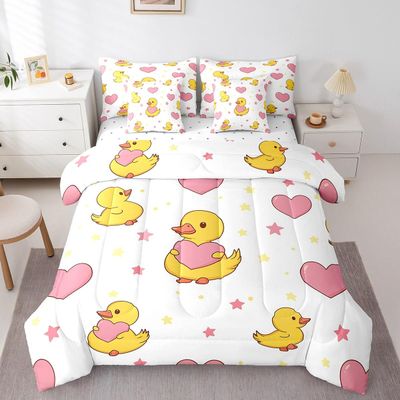 Erosebridal Duck Comforter Set Twin Funny Duck Animals Bedding Sets for Boys Kids Teens 7 Piece Stars Love Heart Print Bed in A Bag Romantic Cute Themed Sheet Set with Comforter