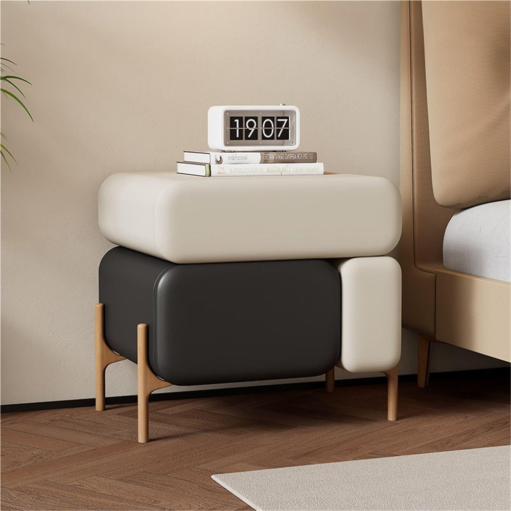 3-Drawers Creative Partition Nightstand Rounded Corners Leather Finish Bedside Table Modern Storage Cabinet Minimalist Wood End Table for Home Living Room Study,Ideal for Home