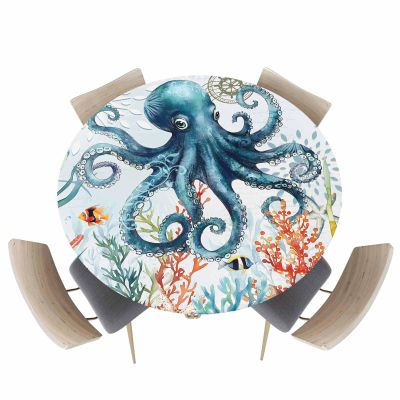 IDOWMAT Summer Ocean Blue Octopus Starfish ShellMarine Life Round Fitted Tablecloth with Elastic Edge, Waterproof Table Cloth Fits Tables Up to 45"-54", Washable Table Cover for Indoor Outdoor,