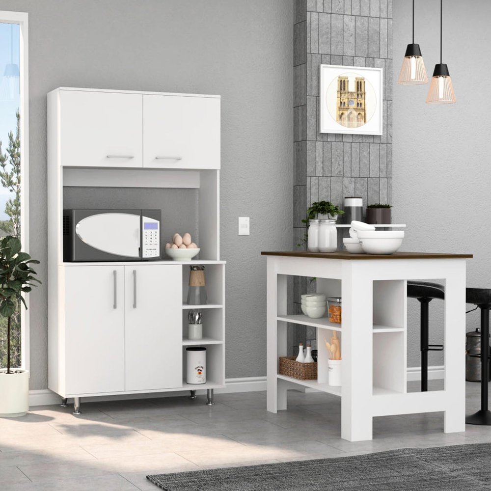 MOOSH White and Walnut Kitchen - Island Pantry Cabinet 2 Storage