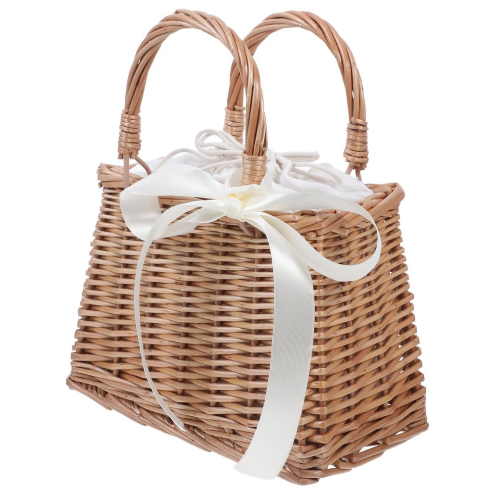SEWACC Flower Girl Basket Rattan Woven Flower Basket Handbag Wicker with Ribbon for Home Wedding (White)