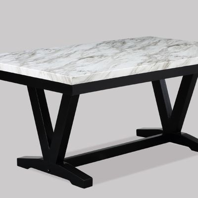 6 Dining Table with Rectangular Faux Marble Top and Black Wooden Structure, Modern Style Base for Dining,