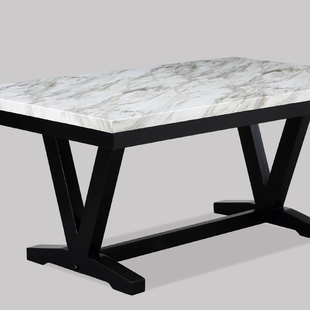 6 Dining Table with Rectangular Faux Marble Top and Black Wooden Structure, Modern Style Base for Dining,