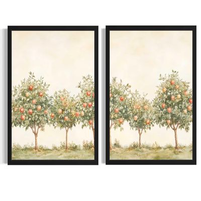 Apple Art Print Poster, Tree Forest Nature Rustic Vintage Farmhouse Cabin Wall Art Bedroom Bathroom Living Room Decor AA25 (Apple, 11 x 14 inches (2 Panels), Black Frame)