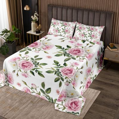 jejeloiu Pink Rose Bedspread Queen Size Kids Vintage Floral Flower Coverlet Set for Boys Girls Teens Botanical Green Leaves Quilted Coverlet Blossom Plant Bedroom Decor