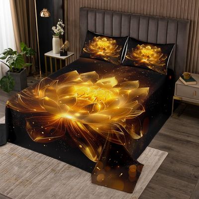 jejeloiu Golden Black Bedspread Twin Size Kids Golden Lotus Flower Coverlet Set for Boys Girls Teens Zen Spa Quilted Coverlet Floral Bedroom Decor