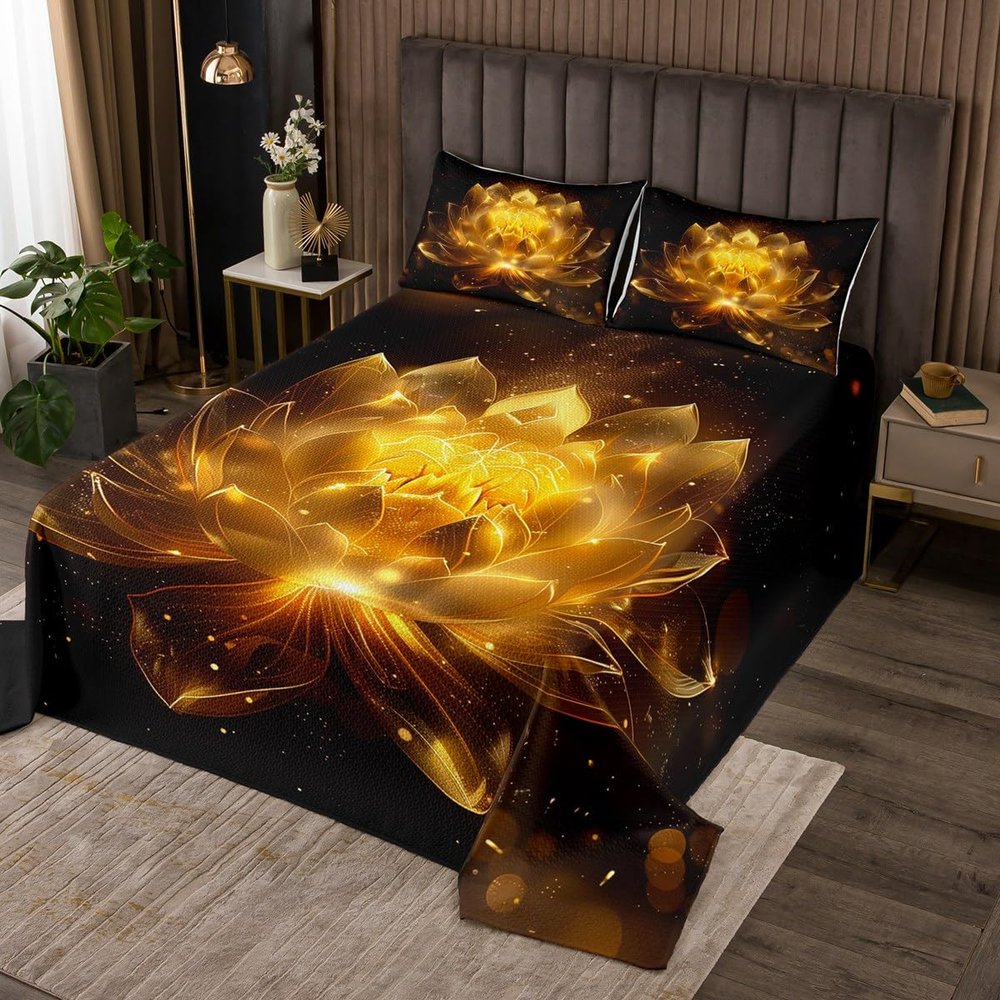 jejeloiu Golden Black Bedspread Twin Size Kids Golden Lotus Flower Coverlet Set for Boys Girls Teens Zen Spa Quilted Coverlet Floral Bedroom Decor