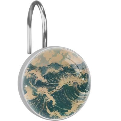 Sea Waves Vintage Style Bathroom Shower Curtain Hooks, 12 Pcs Stainless Steel Shower Curtain Hooks Rings for Bathroom Shower Rods Curtains