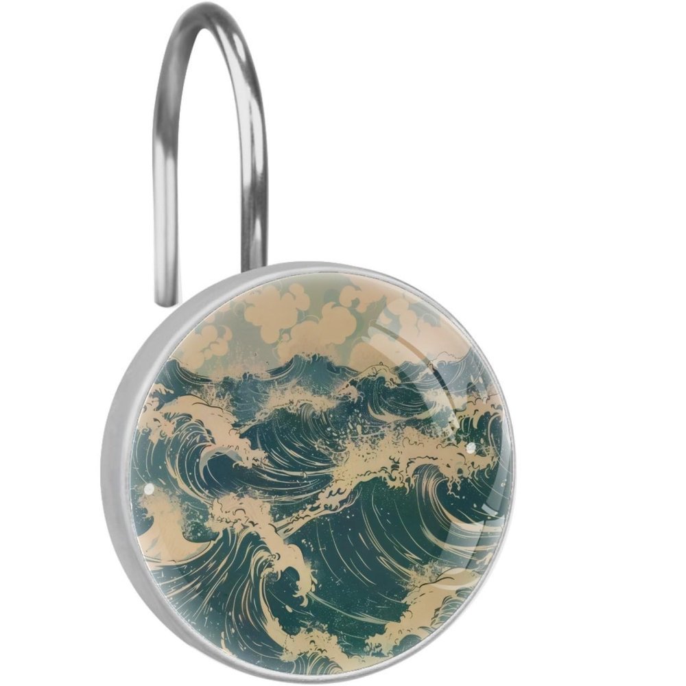Sea Waves Vintage Style Bathroom Shower Curtain Hooks, 12 Pcs Stainless Steel Shower Curtain Hooks Rings for Bathroom Shower Rods Curtains