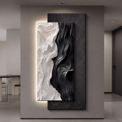 3D Relief LED Decorative Painting,3D Wall Painting with Light,Three-dimensional painting porch decoration painting black and white abstract light painting entrance corridor corridor hanging painting w