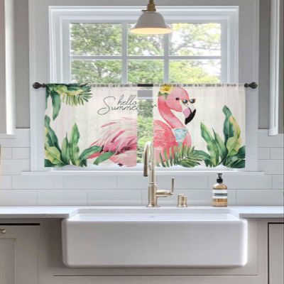 Pink Flamingo Sheer Curtains 54 Inch Long 2 Panels, Retro Summer Palm Leaf Tropical Bird Plants Light Filtering Window Sheer Curtains, Rod Pocket Voile Drapes for Living Room Bedroom, 52x54