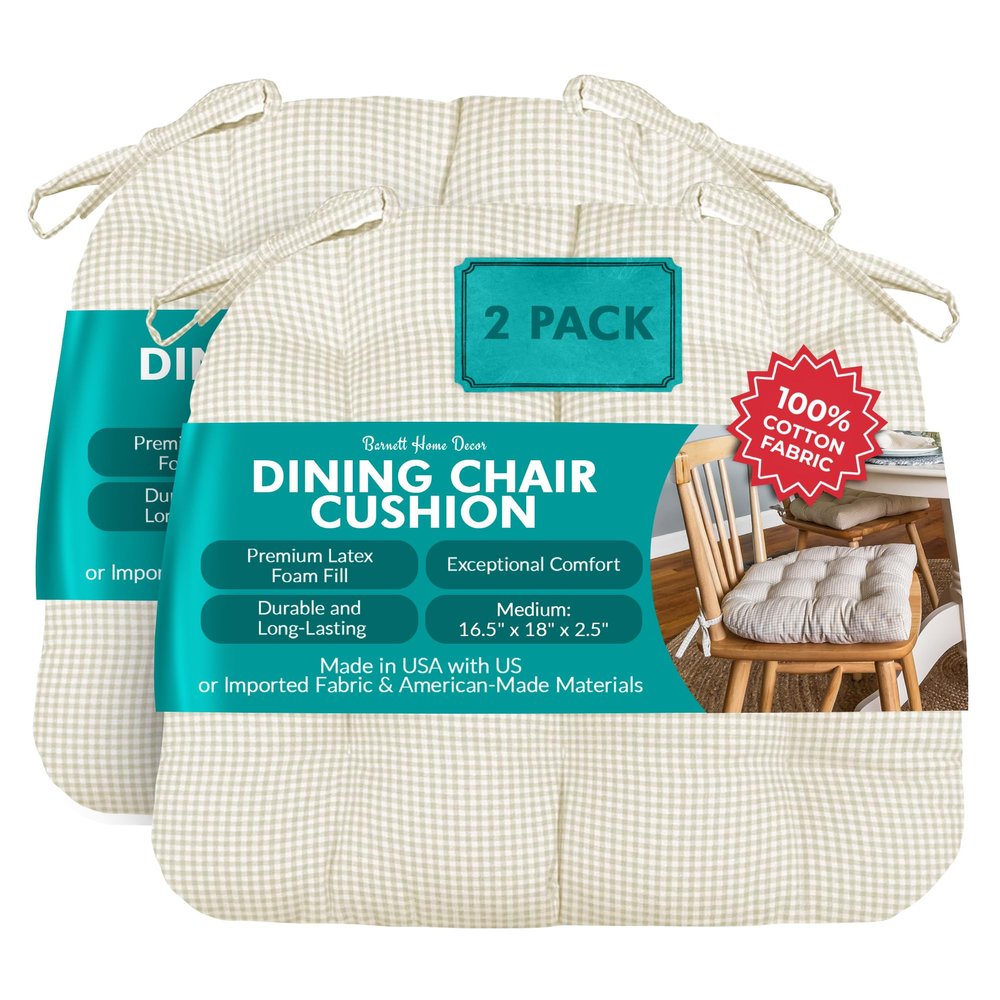 Barnett Home Decor Dining Chair Cushions with Ties Size Medium 16.5 x 18 - Latex Foam Fill, 100% Cotton, Machine Washable Chair Pads for Kitchen Chairs, Made in USA (Madrid Natural/Pack of 2)