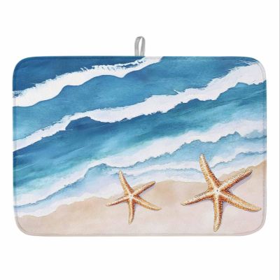 Summer Ocean Beach Dish Drying Mat for Kitchen Counter Blue Gradient Waves Starfish Highly Absorbent Dish Drainer 16 x 18 Inches Dish Drying Pad for Kitchen Counter, Sink, Draining Racks 1PCS