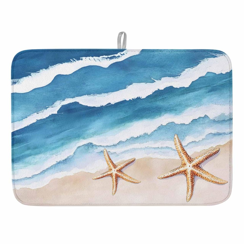 Summer Ocean Beach Dish Drying Mat for Kitchen Counter Blue Gradient Waves Starfish Highly Absorbent Dish Drainer 16 x 18 Inches Dish Drying Pad for Kitchen Counter, Sink, Draining Racks 1PCS