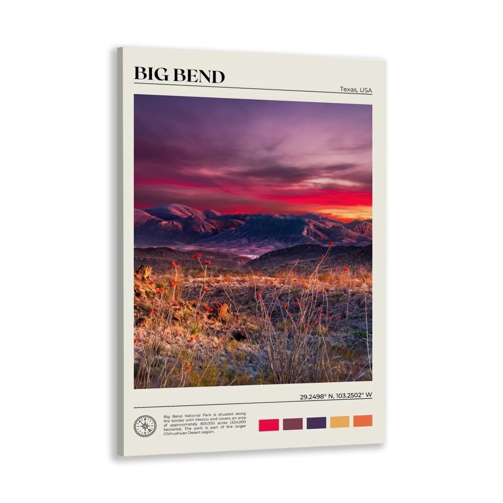 JYscillate Big Bend National Park Sunset Landscape Canvas Print Wall Art Natural Poster Texas Mountain Range Picture Urban Landmark Wall Decor for Living RoomBedroomOffice Gallery 12x18inch Framed