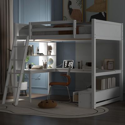Full Size Loft Bed with L-Shaped Multi-Storage Desk, LED Light and USB Charging Station, Storage Bench with 2 Drawers, White