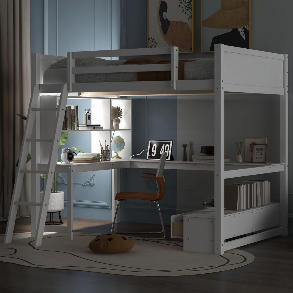 Full Size Loft Bed with L-Shaped Multi-Storage Desk, LED Light and USB Charging Station, Storage Bench with 2 Drawers, White