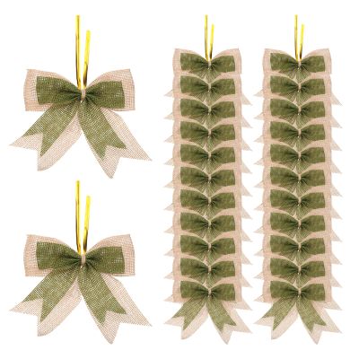 PATIKIL 4 Inch Mini Burlap Bows for Crafts, 24 Pcs Handmade Bow Knot Double Layer Ornament Bow Pre-Tied Bowknot for Festival Holiday Party Supplies, Beige/Green