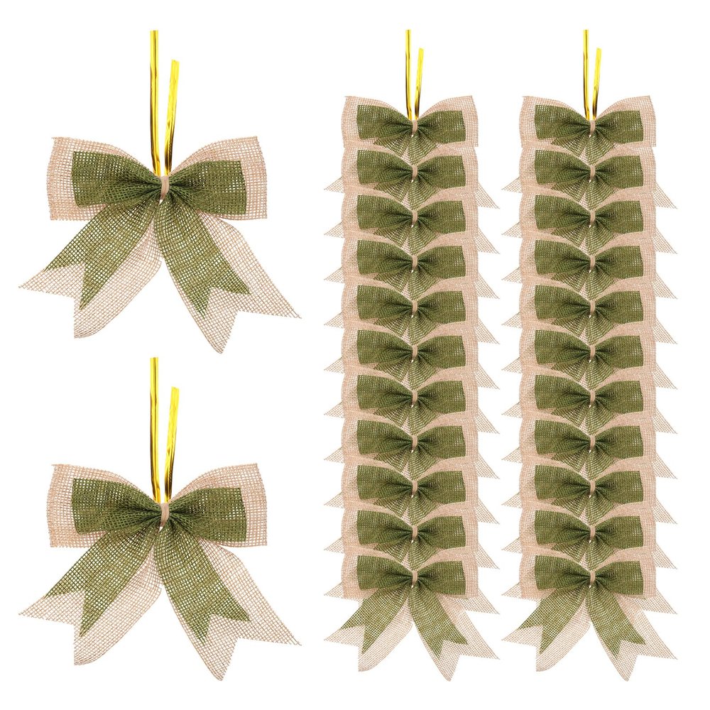 PATIKIL 4 Inch Mini Burlap Bows for Crafts, 24 Pcs Handmade Bow Knot Double Layer Ornament Bow Pre-Tied Bowknot for Festival Holiday Party Supplies, Beige/Green
