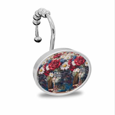 4th of July 12PCS Shower Curtain Hooks Rings, Retro Red Blue Roses White Daisy Decorative Shower Curtain Hooks for Bathroom Stainless Steel Rustproof Shower Curtain Rings