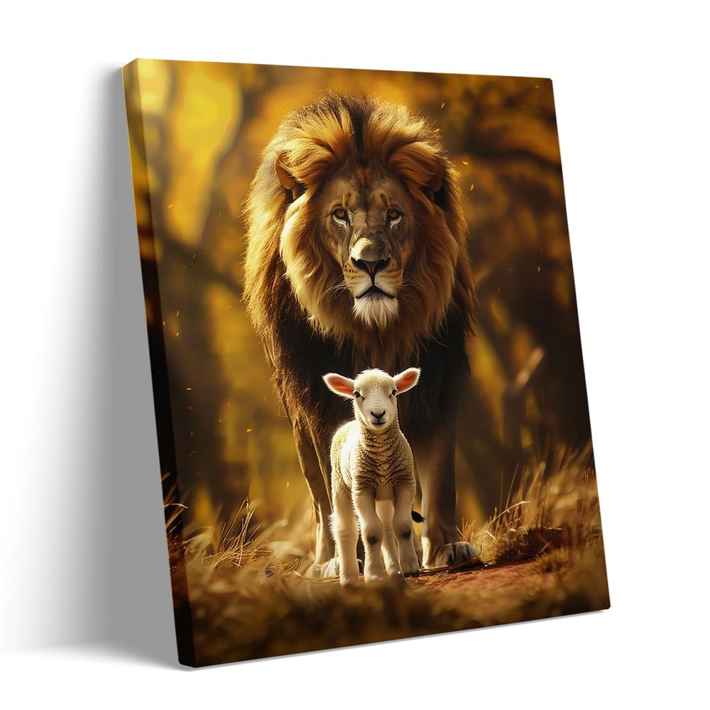 Lamb and Lion Christian Art, Lion of Judah Canvas Print, Picture of Christ, LDS Bible Art, Savior Wall Decor, Religious Painting-11x14Inch Ready to Hang(Framed)